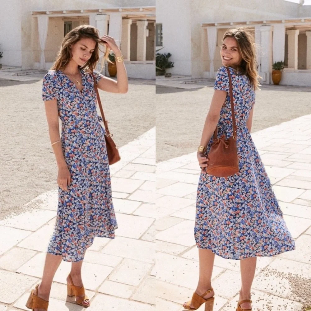SEZANE Blue Pink Floral Printed V Neck Amber Midi Wrap Dress Summer Sun Dress